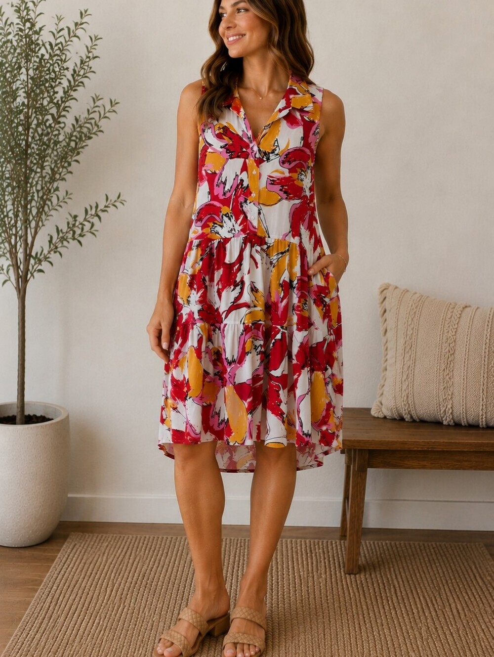 Elizabeth & Nicole Women's Small Sleeveless Tiered Dress Pink Orange Abstract